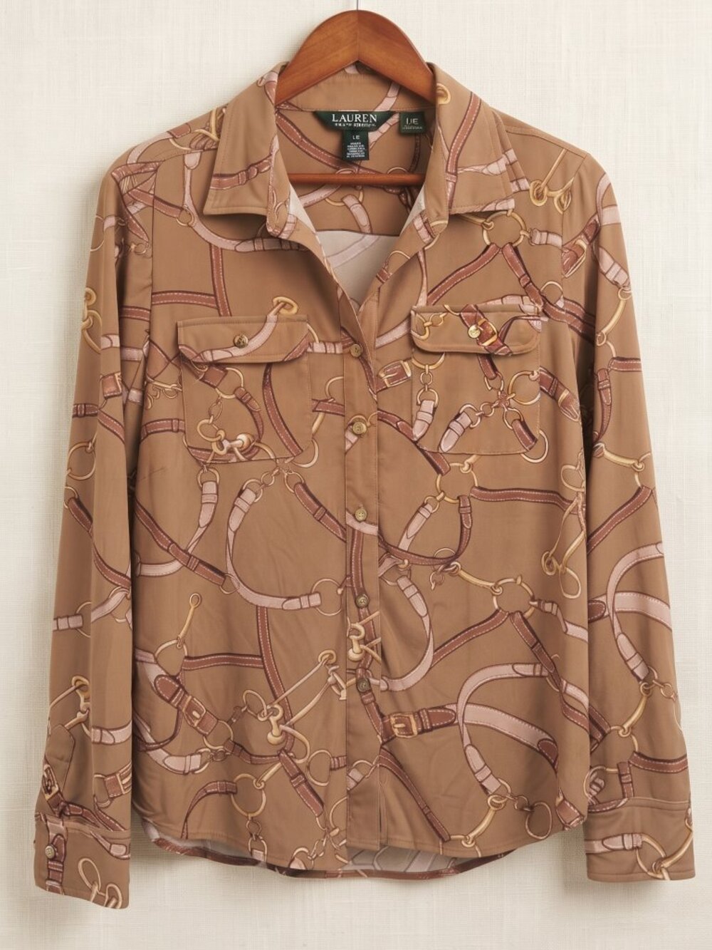 Lauren Ralph Lauren Women Brown Equestrian Belt Print Long Sleeve Button LARGE
